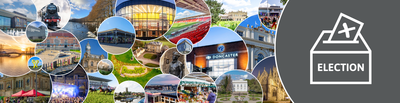 Doncaster landmarks and Election 2024 voting box illustration