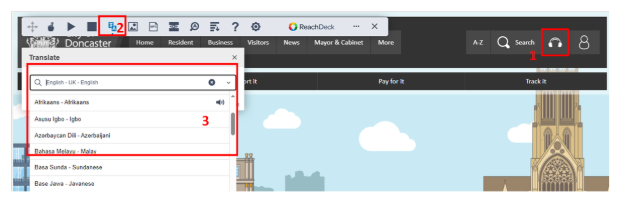 Location of Translation tool in website top header