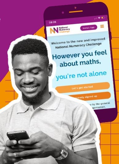 National Numeracy Challenge website on phone screen and person using a mobile phone