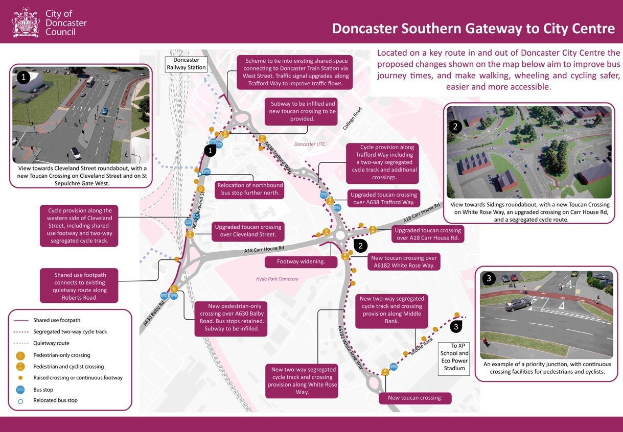 A map depicting the proposed changes to the Southern Gateway into Doncaster City Centre.