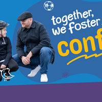 Man and boy with skate board talking. Text reads Together we foster confidence